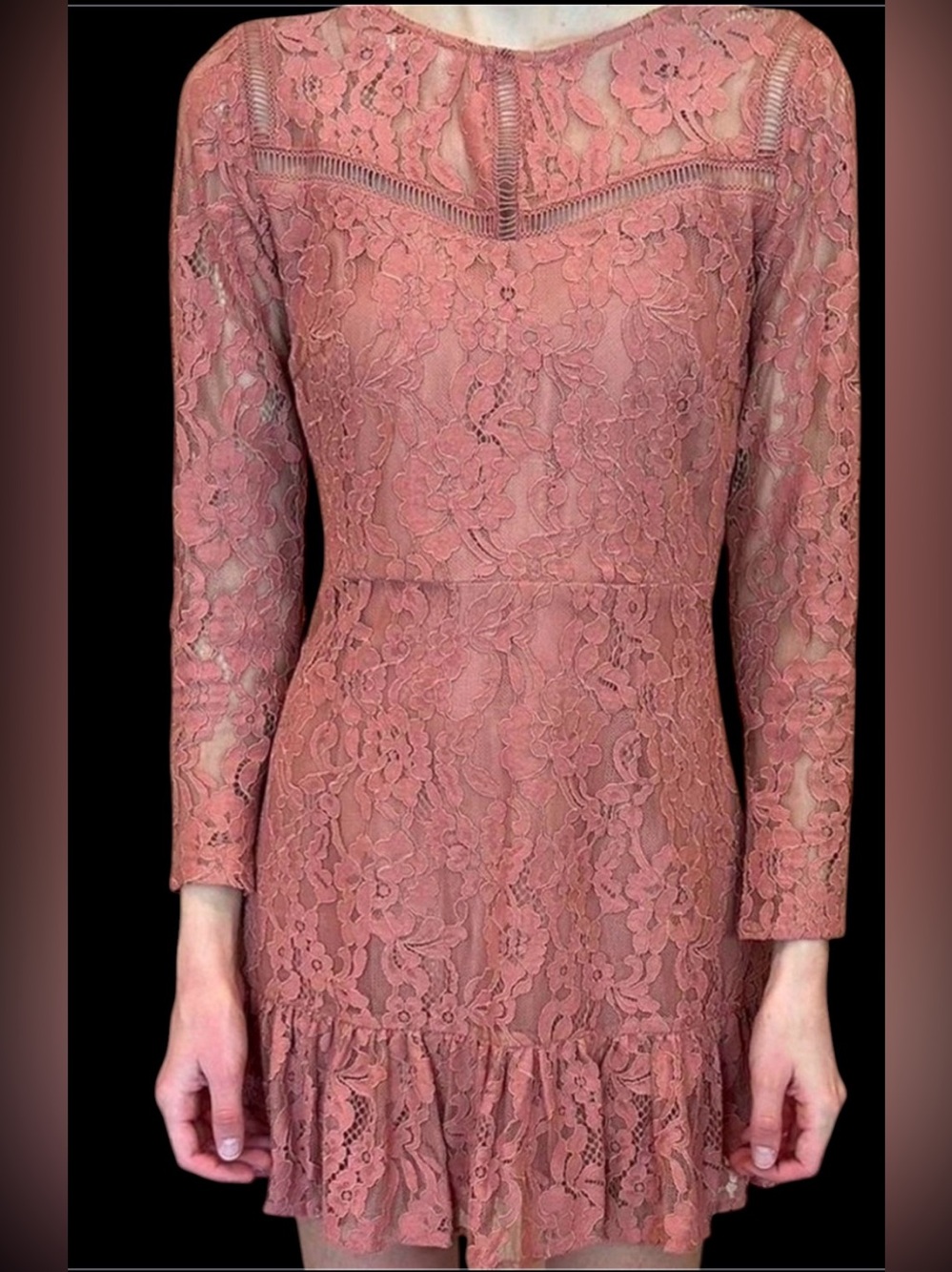 miami Dusty Rose Lace Long-Sleeve Mini Dress